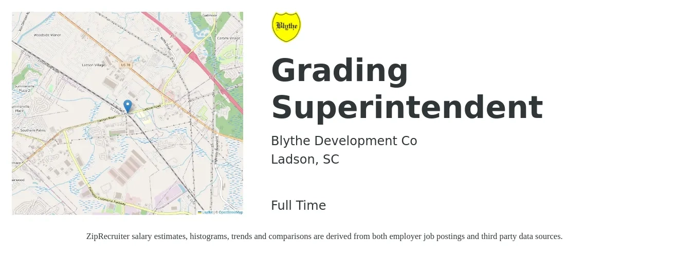 Blythe Development Co job posting for a Grading Superintendent in Ladson, SC with a salary of $69,400 to $112,800 Yearly with a map of Ladson location.