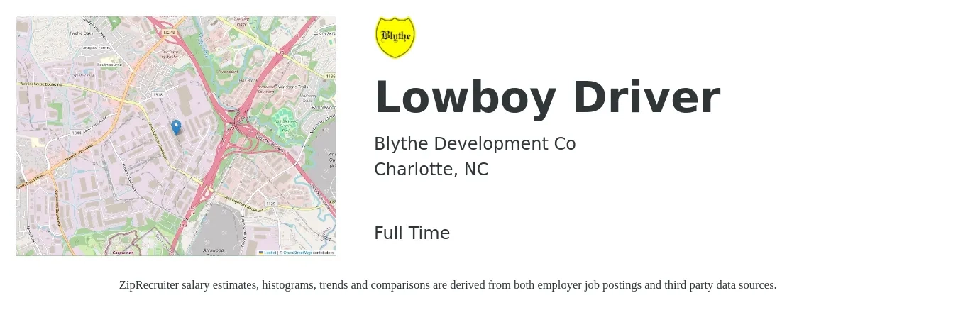 Blythe Development Co job posting for a Lowboy Driver in Charlotte, NC with a salary of $24 to $40 Hourly with a map of Charlotte location.