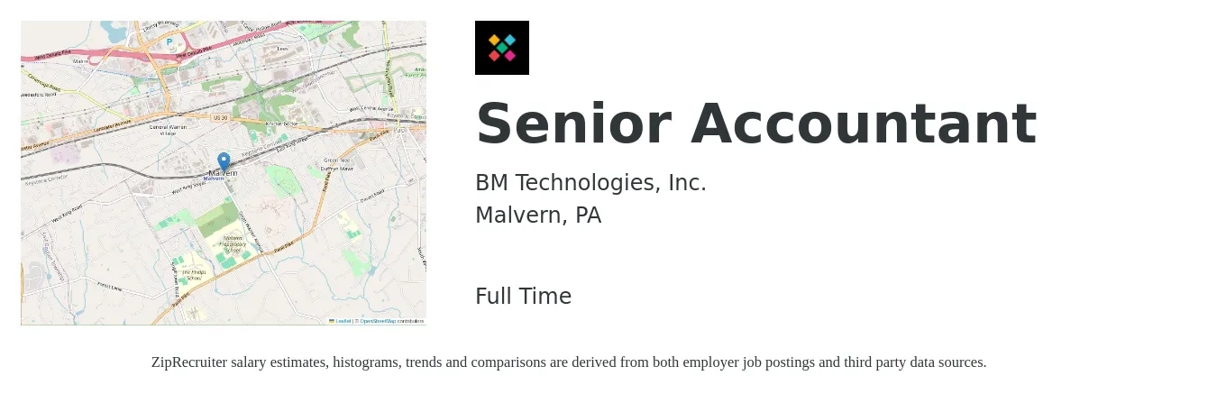 BM Technologies, Inc. job posting for a Senior Accountant in Malvern, PA with a salary of $72,600 to $91,300 Yearly with a map of Malvern location.