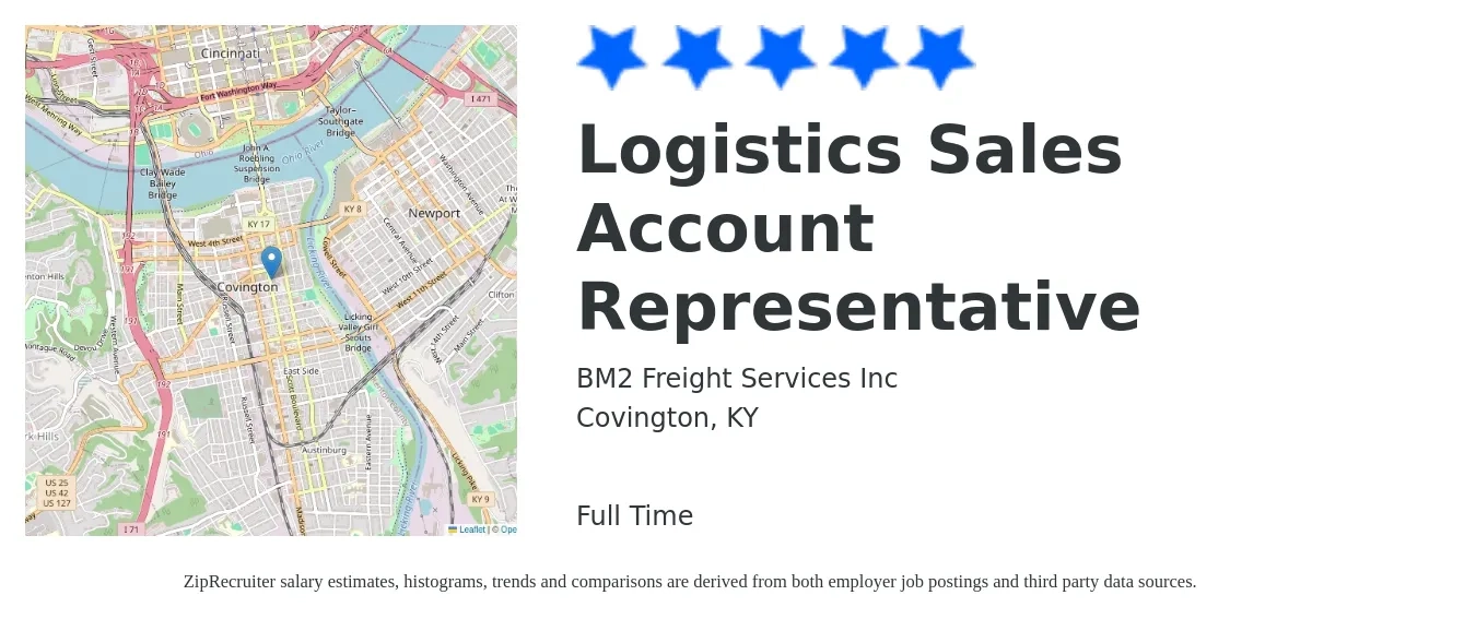 BM2 Freight Services Inc job posting for a Logistics Sales Account Representative in Covington, KY with a salary of $38,800 to $68,400 Yearly with a map of Covington location.