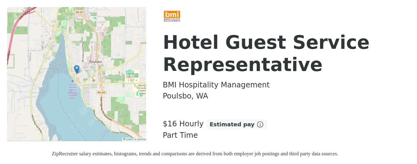 BMI Hospitality Management job posting for a Hotel Guest Service Representative in Poulsbo, WA with a salary of $18 Hourly with a map of Poulsbo location.