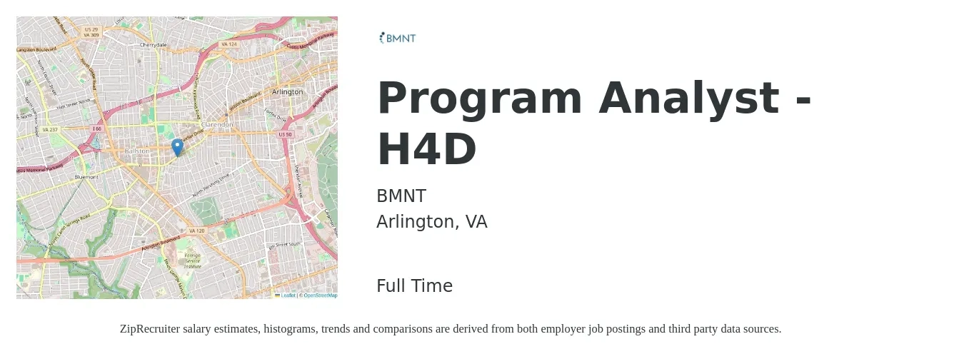BMNT job posting for a Program Analyst - H4D in Arlington, VA with a salary of $79,400 to $133,500 Yearly with a map of Arlington location.