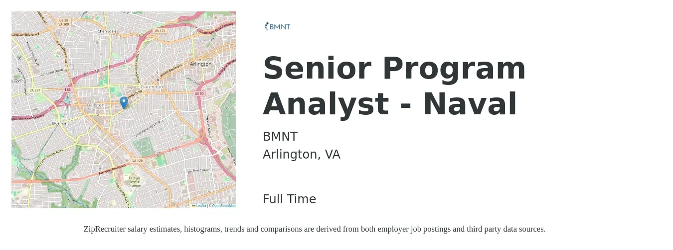 BMNT job posting for a Senior Program Analyst - Naval in Arlington, VA with a salary of $133,500 to $134,000 Yearly with a map of Arlington location.