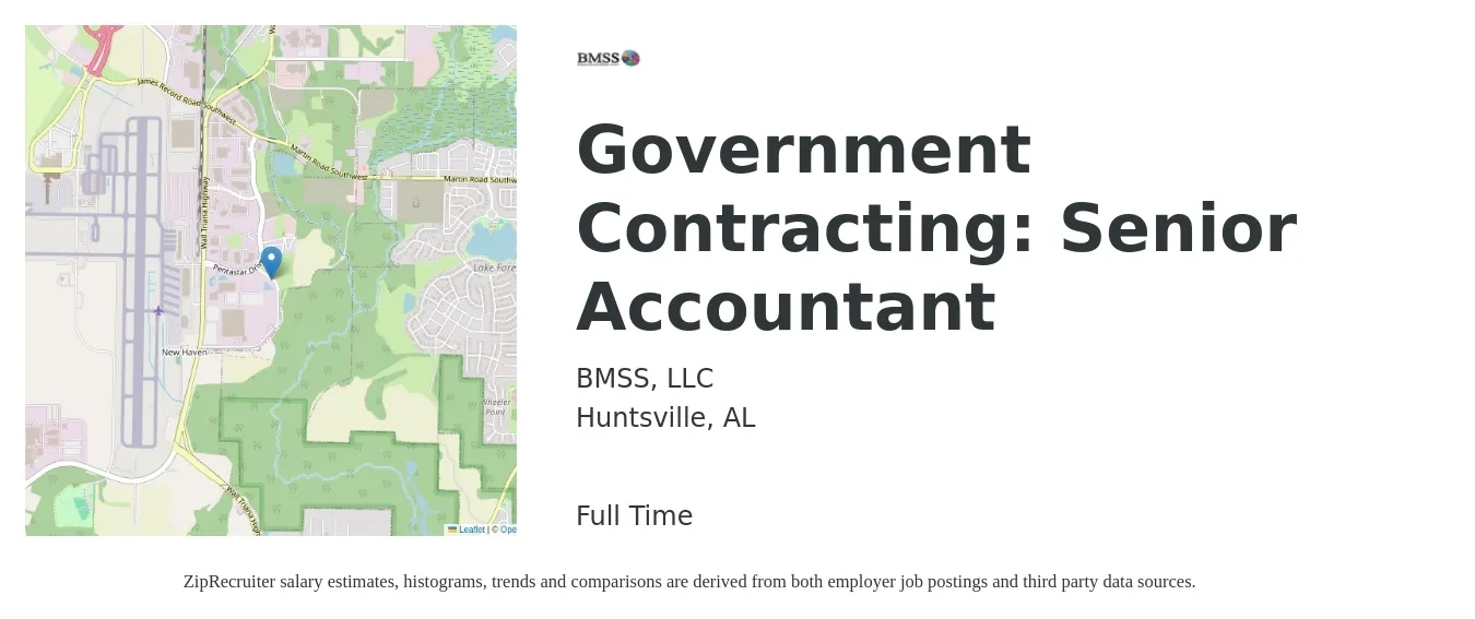 BMSS, LLC job posting for a Government Contracting: Senior Accountant in Huntsville, AL with a salary of $73,400 to $92,200 Yearly with a map of Huntsville location.