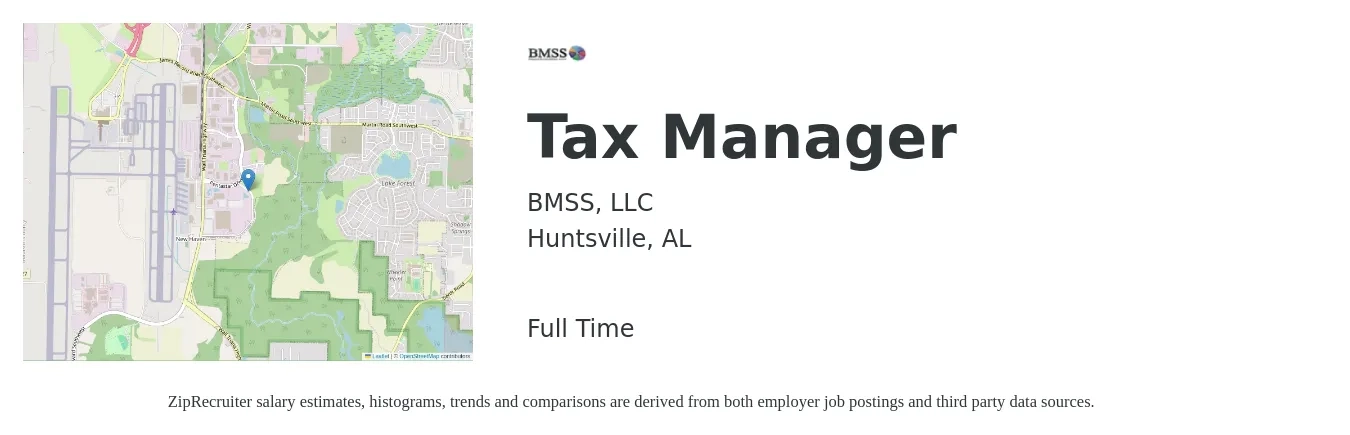 BMSS, LLC job posting for a Tax Manager in Huntsville, AL with a salary of $110,100 to $144,300 Yearly with a map of Huntsville location.