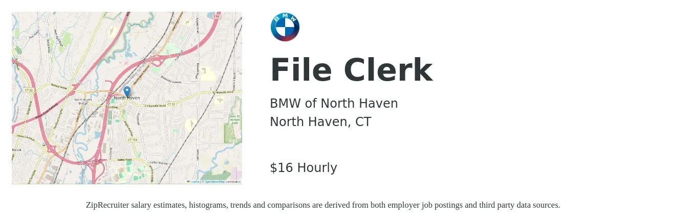 BMW of North Haven job posting for a File Clerk in North Haven, CT with a salary of $17 Hourly with a map of North Haven location.
