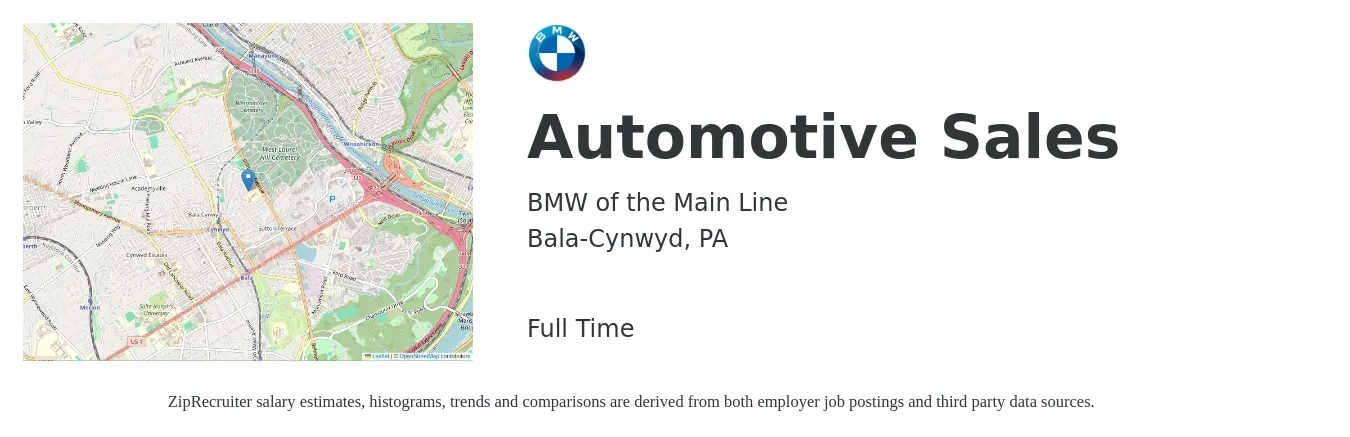 BMW of the Main Line job posting for a Automotive Sales in Bala-Cynwyd, PA with a salary of $35,900 to $71,900 Yearly with a map of Bala-Cynwyd location.