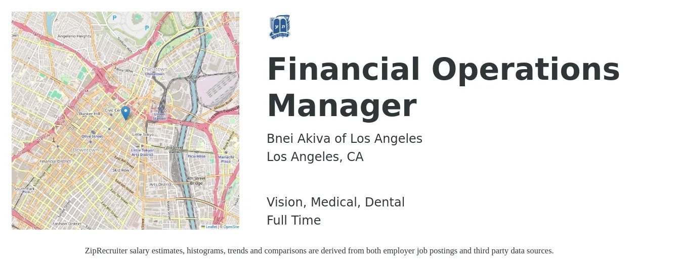 Bnei Akiva of Los Angeles job posting for a Financial Operations Manager in Los Angeles, CA with a salary of $44,200 to $83,500 Yearly and benefits including life_insurance, medical, pto, retirement, vision, and dental with a map of Los Angeles location.
