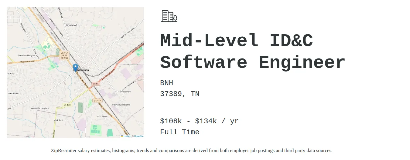 BNH job posting for a Mid-Level ID&C Software Engineer in Arnold Air Force Base, TN with a salary of $108,000 to $134,000 Annually with a map of Arnold Air Force Base location.