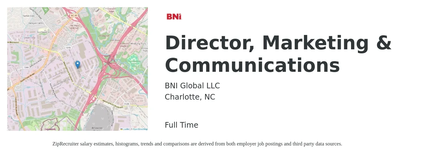 BNI Global LLC job posting for a Director, Marketing & Communications in Charlotte, NC with a salary of $69,100 to $121,400 Yearly with a map of Charlotte location.
