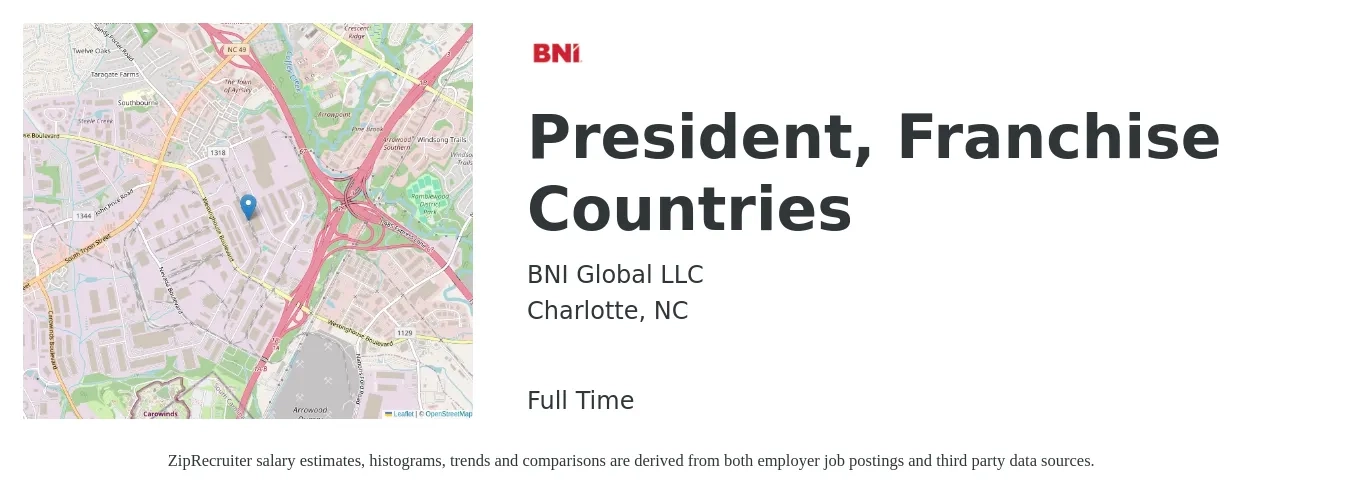 BNI Global LLC job posting for a President, Franchise Countries in Charlotte, NC with a salary of $111,100 to $142,400 Yearly with a map of Charlotte location.