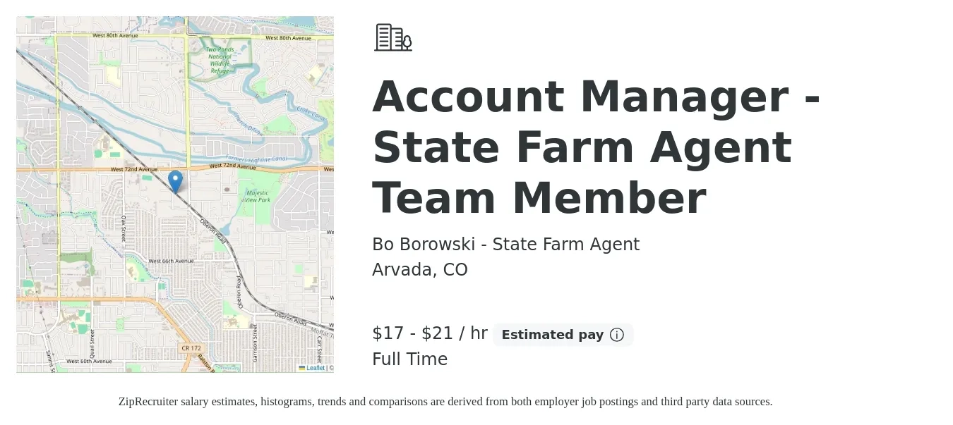 Bo Borowski - State Farm Agent job posting for a Account Manager - State Farm Agent Team Member in Arvada, CO with a salary of $18 to $22 Hourly with a map of Arvada location.