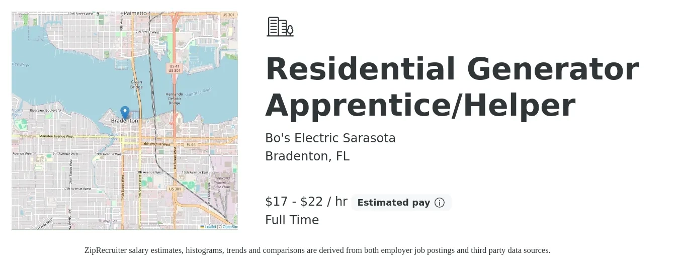Bo's Electric Sarasota job posting for a Residential Generator Apprentice/Helper in Bradenton, FL with a salary of $18 to $23 Hourly with a map of Bradenton location.