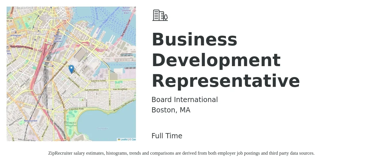 Board International job posting for a Business Development Representative in Boston, MA with a salary of $48,900 to $76,000 Yearly with a map of Boston location.