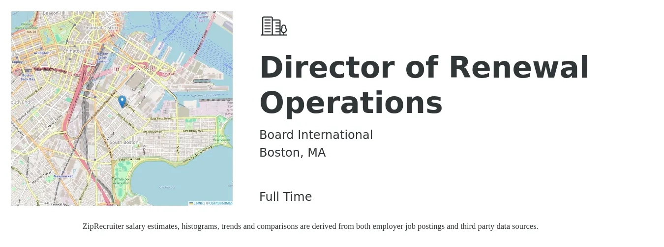 Board International job posting for a Director of Renewal Operations in Boston, MA with a salary of $82,000 to $147,200 Yearly with a map of Boston location.