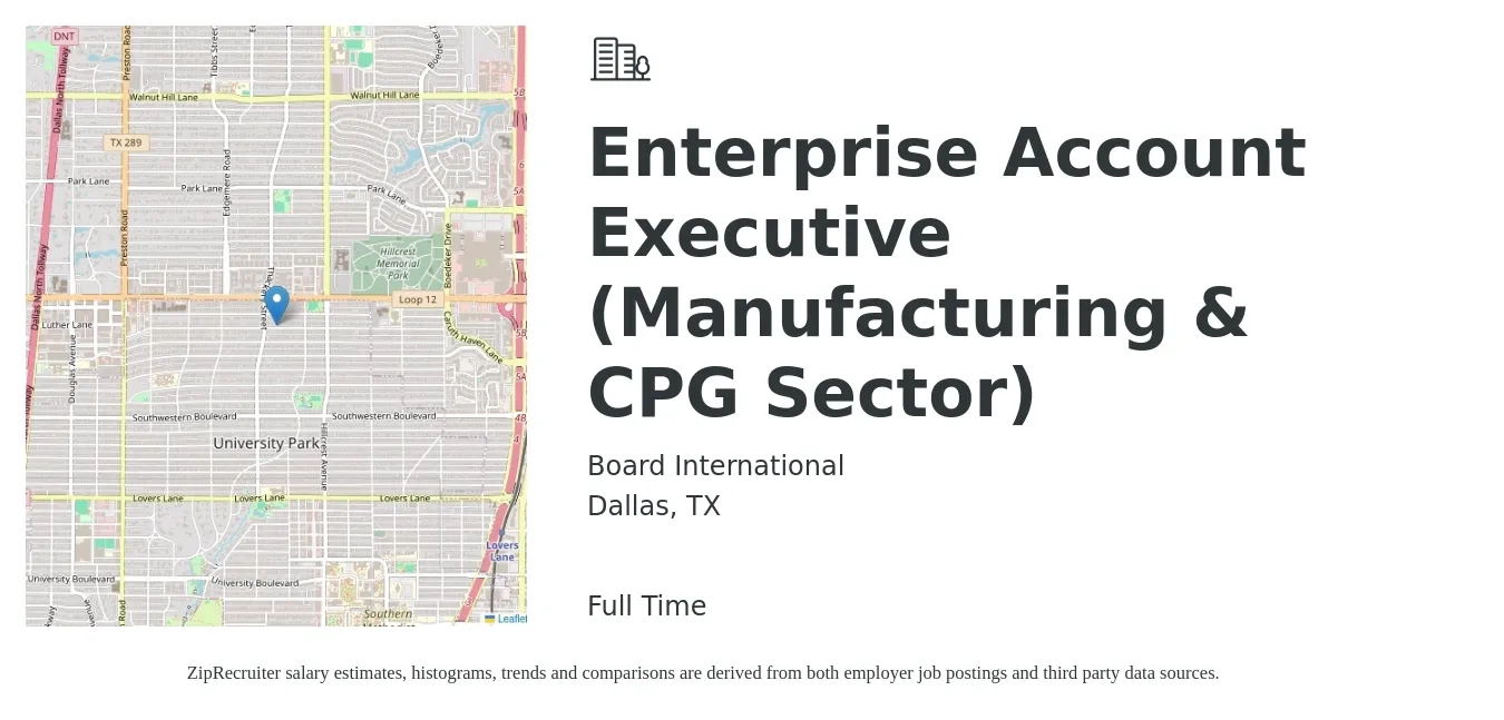 Board International job posting for a Enterprise Account Executive (Manufacturing & CPG Sector) in Dallas, TX with a salary of $79,100 to $133,500 Yearly with a map of Dallas location.