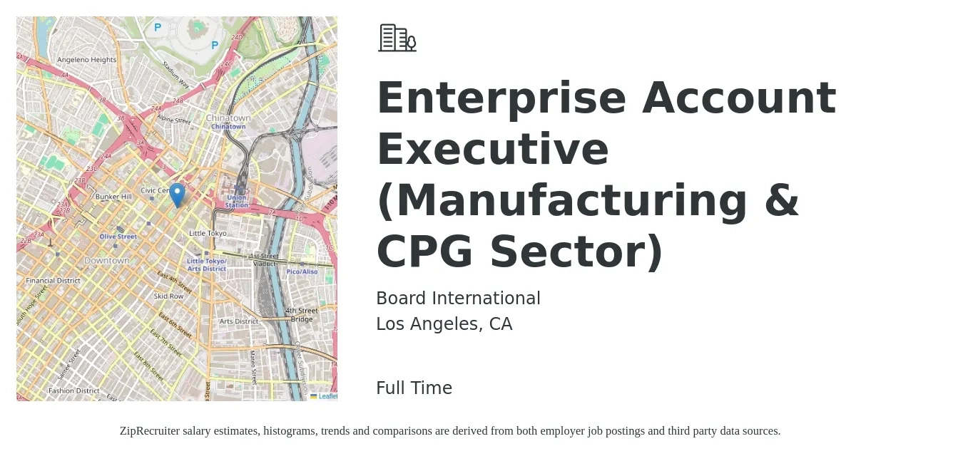 Board International job posting for a Enterprise Account Executive (Manufacturing & CPG Sector) in Los Angeles, CA with a salary of $86,200 to $145,500 Yearly with a map of Los Angeles location.