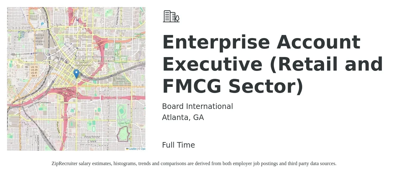 Board International job posting for a Enterprise Account Executive (Retail and FMCG Sector) in Atlanta, GA with a salary of $76,900 to $129,800 Yearly with a map of Atlanta location.