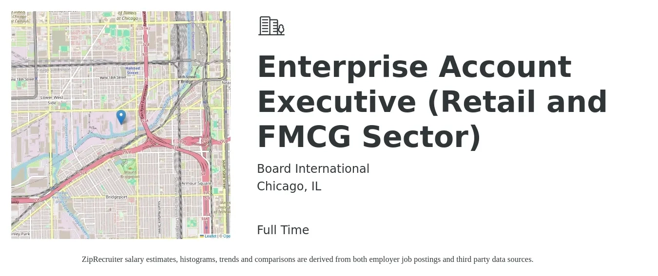 Board International job posting for a Enterprise Account Executive (Retail and FMCG Sector) in Chicago, IL with a salary of $82,400 to $139,100 Yearly with a map of Chicago location.