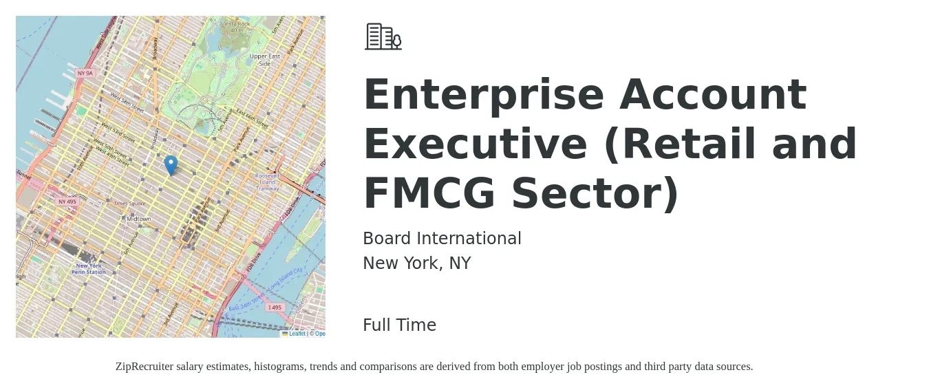 Board International job posting for a Enterprise Account Executive (Retail and FMCG Sector) in New York, NY with a salary of $87,500 to $147,700 Yearly with a map of New York location.