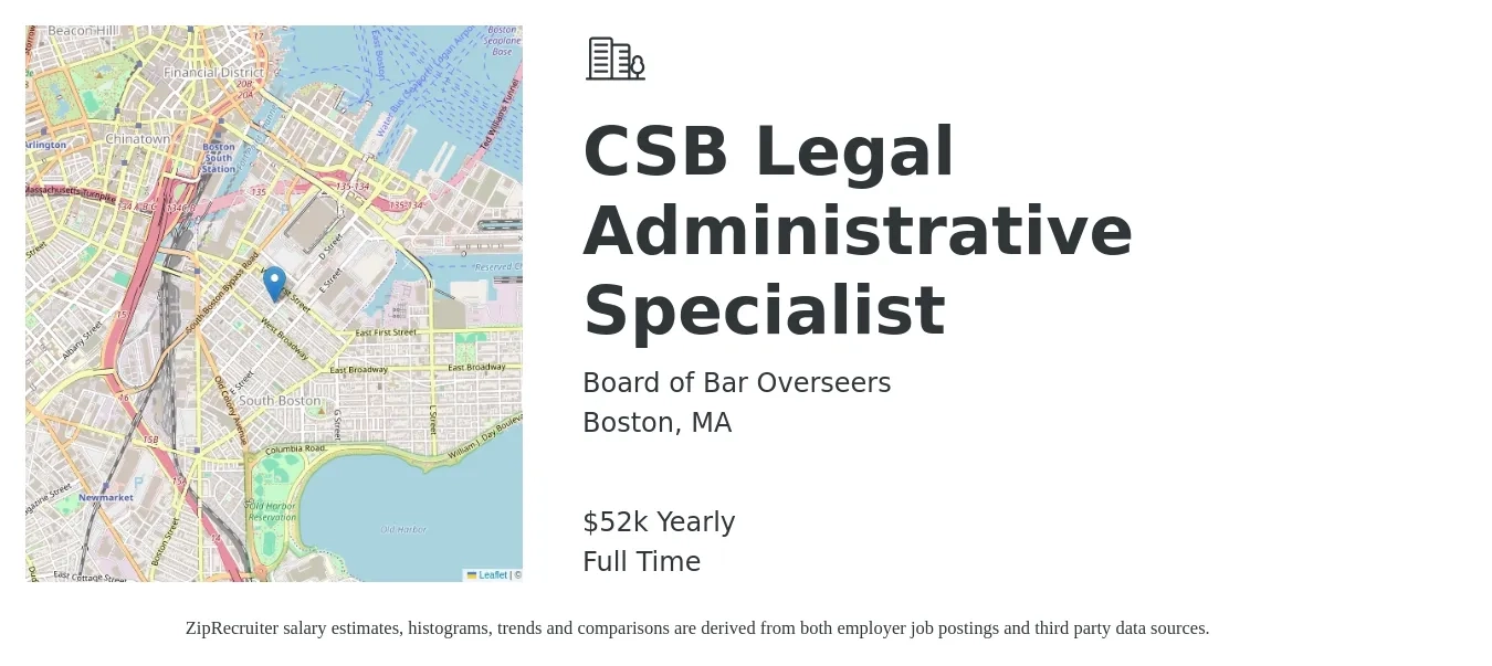 Board of Bar Overseers job posting for a CSB Legal Administrative Specialist in Boston, MA with a salary of $52,733 to $90,311 Yearly with a map of Boston location.