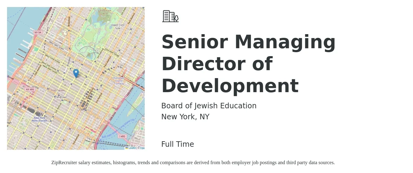 Board of Jewish Education job posting for a Senior Managing Director of Development in New York, NY with a salary of $77,100 to $119,400 Yearly with a map of New York location.