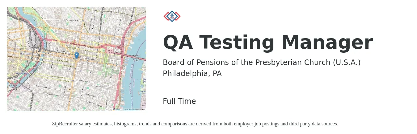 Board of Pensions of the Presbyterian Church (U.S.A.) job posting for a QA Testing Manager in Philadelphia, PA with a salary of $79,300 to $138,100 Yearly with a map of Philadelphia location.