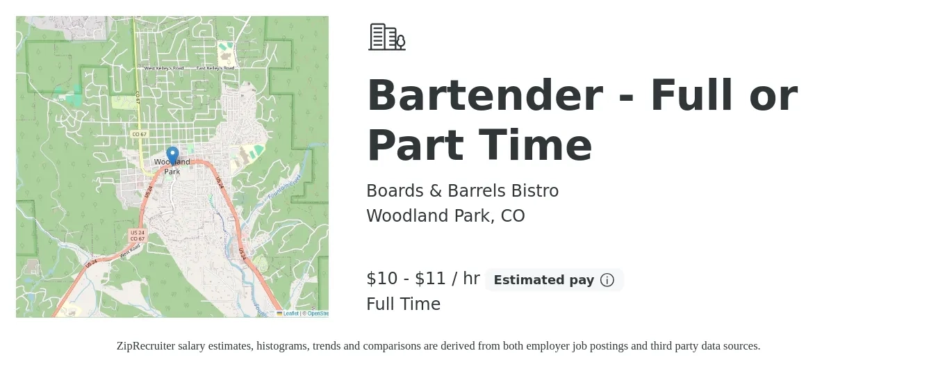Boards & Barrels Bistro job posting for a Bartender - Full or Part Time in Woodland Park, CO with a salary of $11 to $12 Hourly with a map of Woodland Park location.