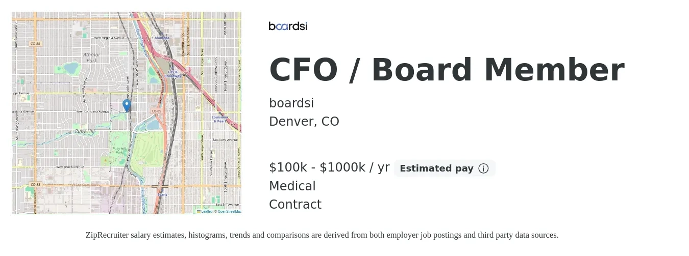 boardsi job posting for a CFO / Board Member in Denver, CO with a salary of $100,000 to $1,000,000 Yearly and benefits including medical with a map of Denver location.