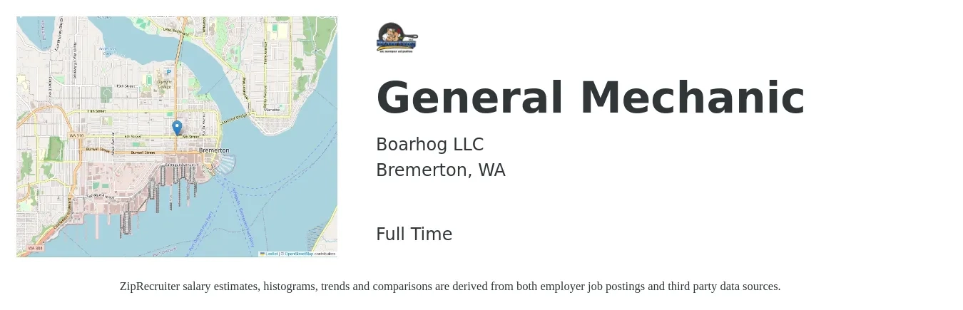 Boarhog LLC job posting for a General Mechanic in Bremerton, WA with a salary of $22 to $32 Hourly with a map of Bremerton location.