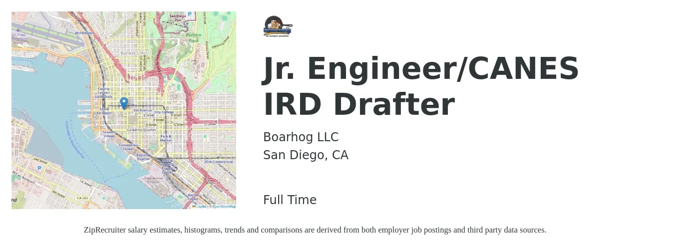Boarhog LLC job posting for a Jr. Engineer/CANES IRD Drafter in San Diego, CA with a salary of $51,500 to $84,900 Yearly with a map of San Diego location.