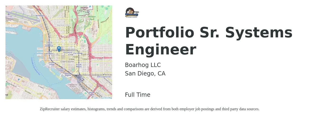 Boarhog LLC job posting for a Portfolio Sr. Systems Engineer in San Diego, CA with a salary of $110,900 to $151,800 Yearly with a map of San Diego location.