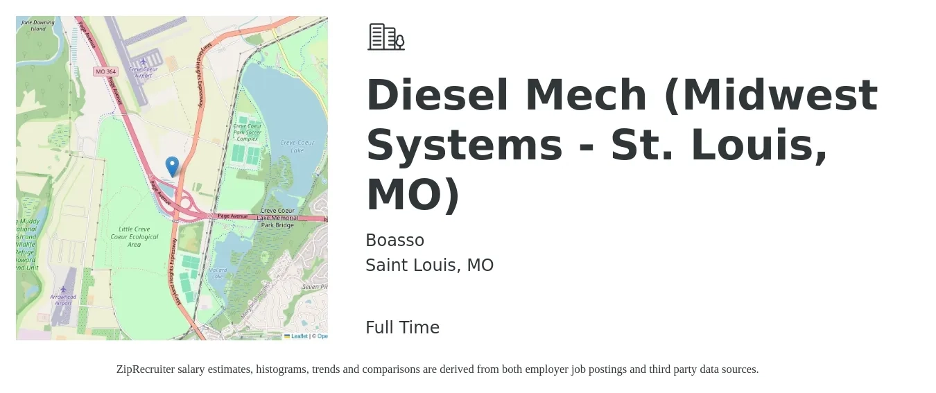 Boasso job posting for a Diesel Mech (Midwest Systems - St. Louis, MO) in Saint Louis, MO with a salary of $22 to $29 Hourly with a map of Saint Louis location.