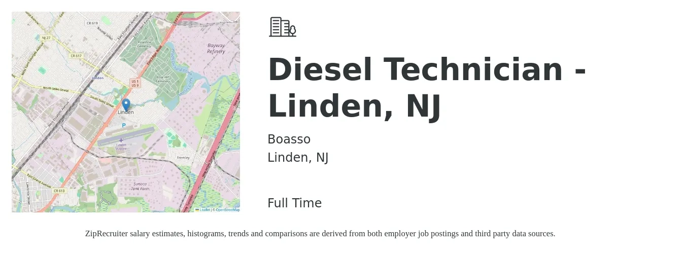 Boasso job posting for a Diesel Technician - Linden, NJ in Linden, NJ with a salary of $28 to $38 Hourly with a map of Linden location.