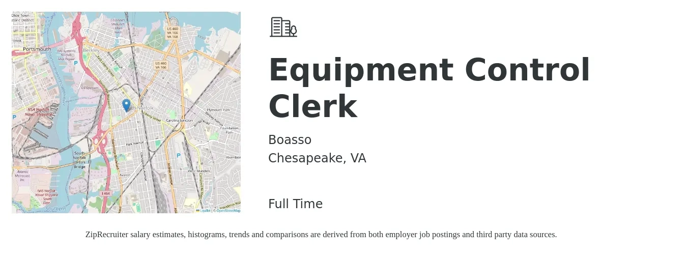 Boasso job posting for a Equipment Control Clerk in Chesapeake, VA with a salary of $14 to $16 Hourly with a map of Chesapeake location.