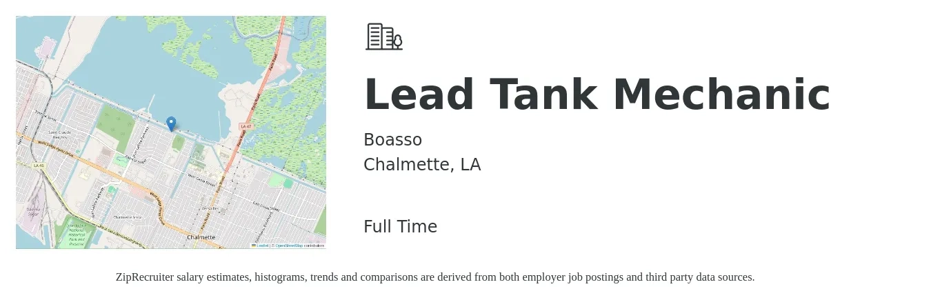Boasso job posting for a Lead Tank Mechanic in Chalmette, LA with a salary of $24 to $32 Hourly with a map of Chalmette location.