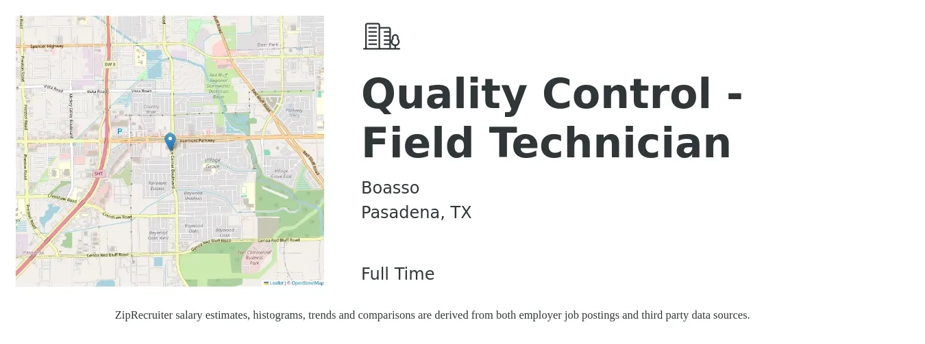 Boasso job posting for a Quality Control - Field Technician in Pasadena, TX with a salary of $17 to $22 Hourly with a map of Pasadena location.