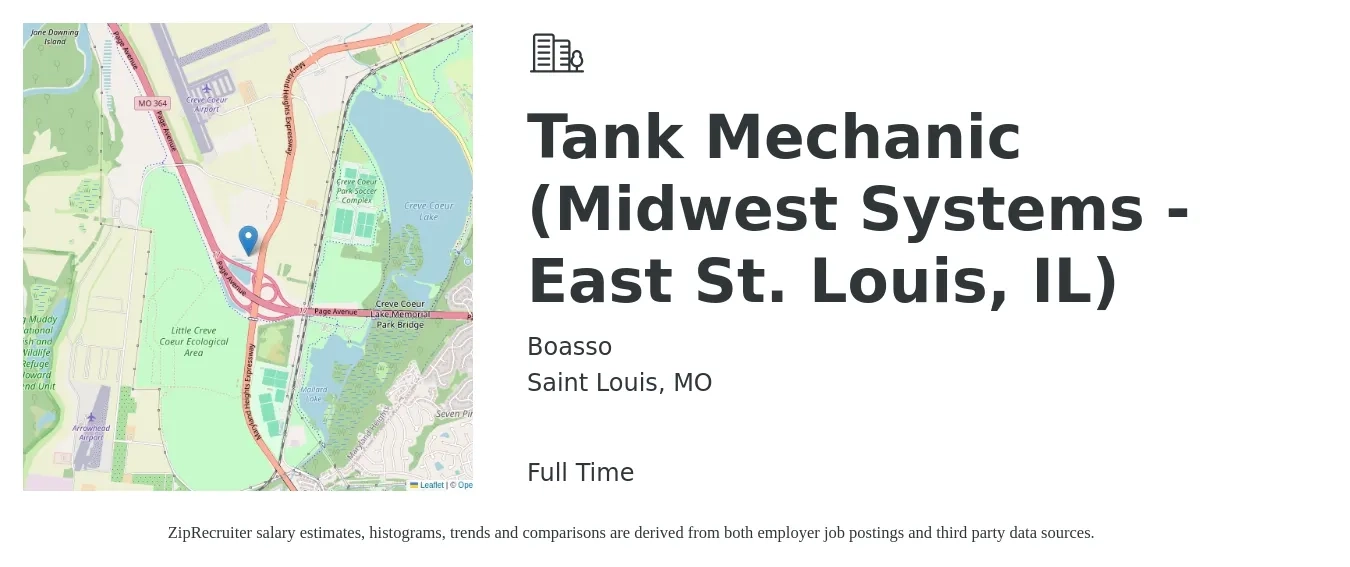 Boasso job posting for a Tank Mechanic (Midwest Systems - East St. Louis, IL) in Saint Louis, MO with a map of Saint Louis location.