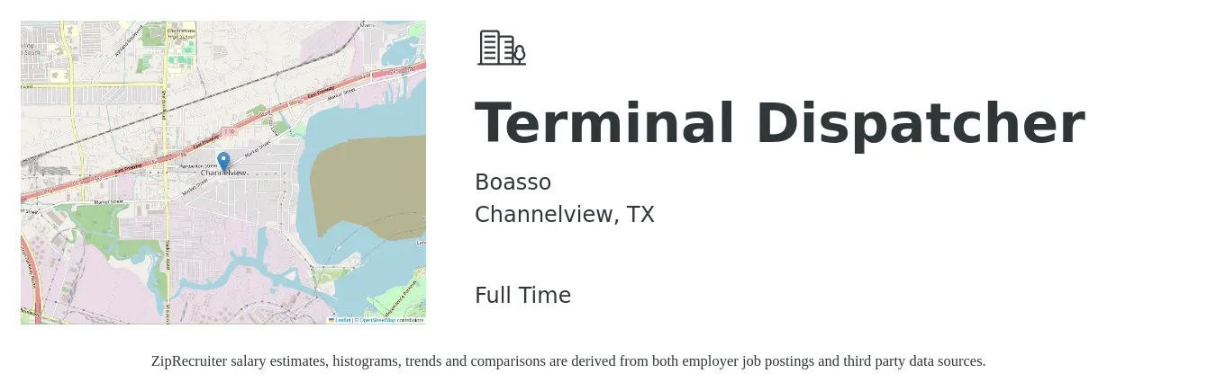 Boasso job posting for a Terminal Dispatcher in Channelview, TX with a salary of $15 to $21 Hourly with a map of Channelview location.