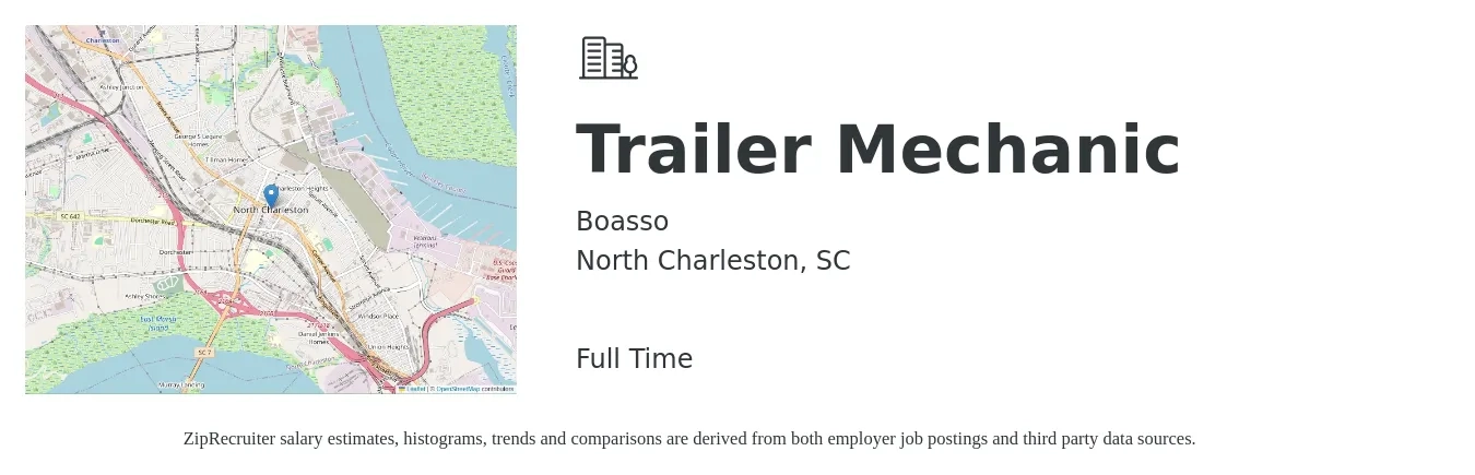 Boasso job posting for a Trailer Mechanic in North Charleston, SC with a salary of $20 to $28 Hourly with a map of North Charleston location.