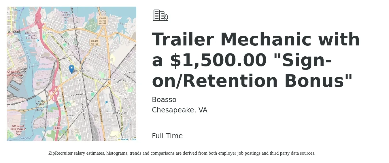 Boasso job posting for a Trailer Mechanic with a $1,500.00 "Sign-on/Retention Bonus" in Chesapeake, VA with a salary of $19 to $26 Hourly with a map of Chesapeake location.