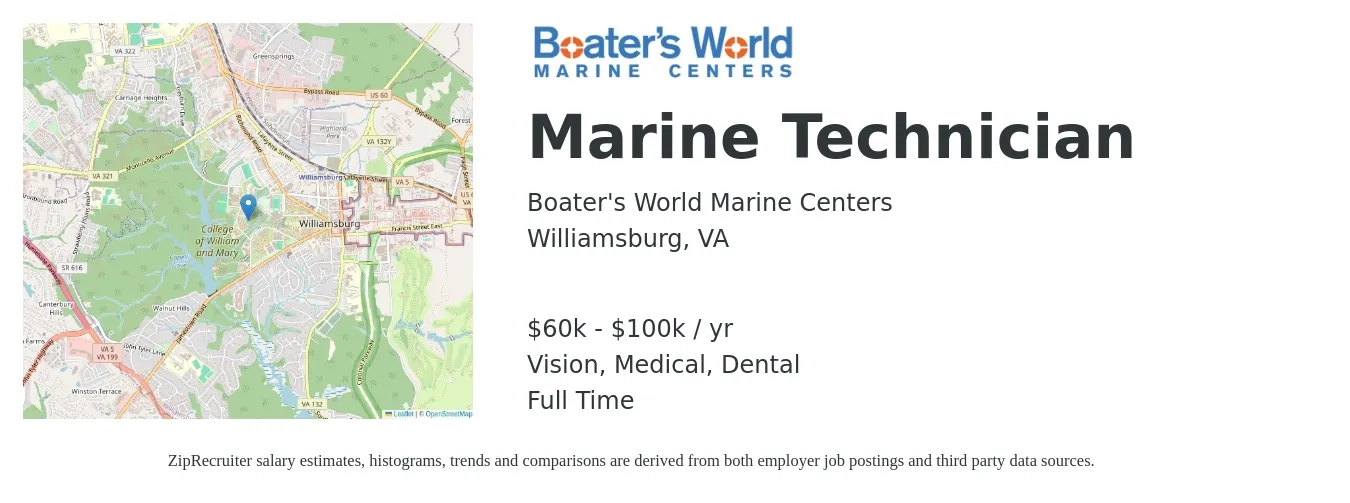 Boater's World Marine Centers job posting for a Marine Technician in Williamsburg, VA with a salary of $60,000 to $100,000 Yearly and benefits including dental, life_insurance, medical, pto, and vision with a map of Williamsburg location.