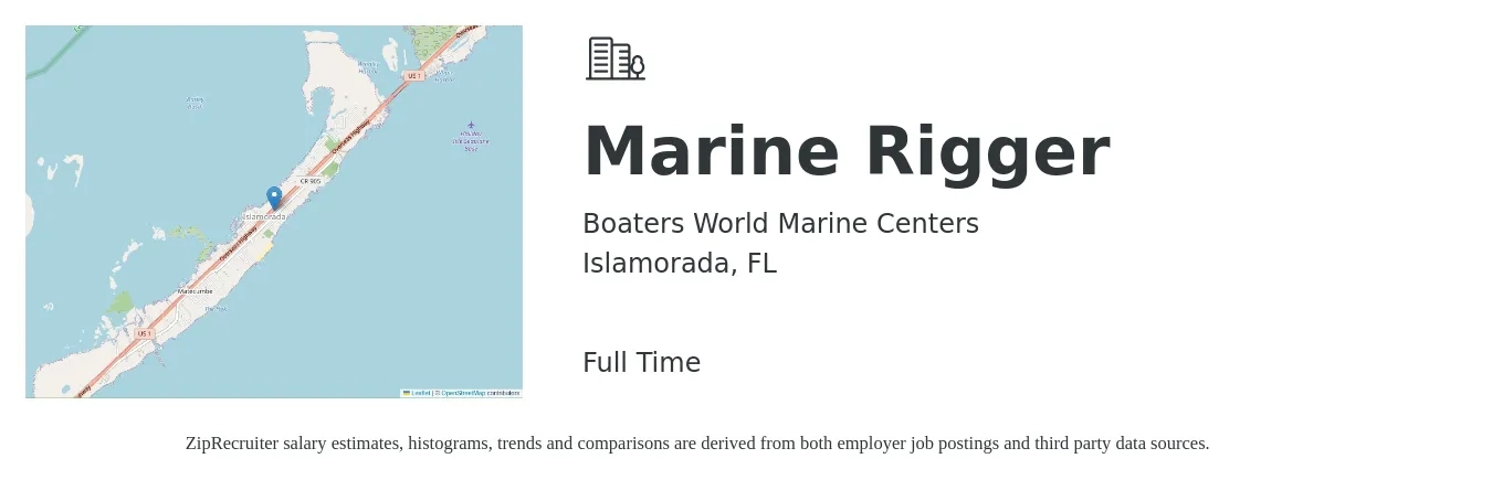 Boaters World Marine Centers job posting for a Marine Rigger in Islamorada, FL with a salary of $22 to $29 Hourly with a map of Islamorada location.