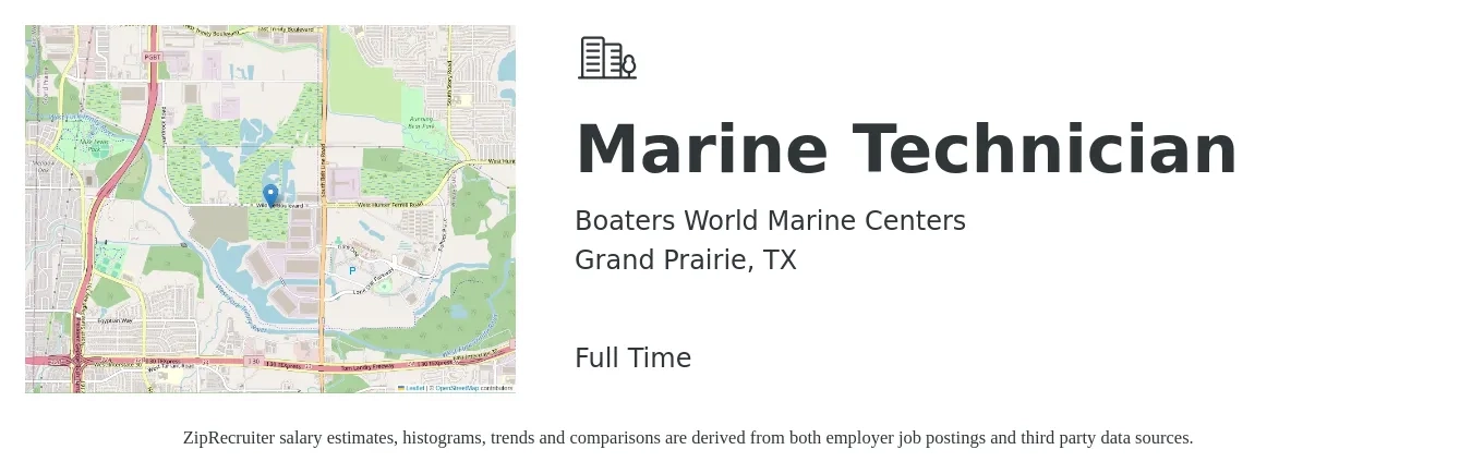 Boaters World Marine Centers job posting for a Marine Technician in Grand Prairie, TX with a salary of $20 to $28 Hourly with a map of Grand Prairie location.