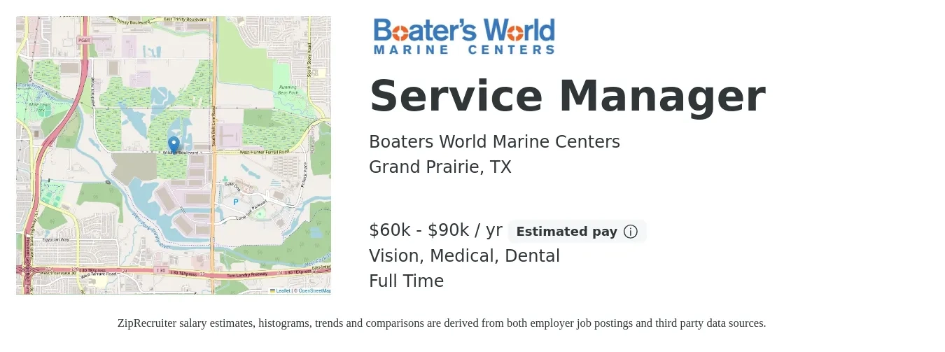 Boater's World Marine Centers job posting for a Service Manager in Grand Prairie, TX with a salary of $60,000 to $90,000 Yearly (plus commission) and benefits including dental, life_insurance, medical, pto, and vision with a map of Grand Prairie location.