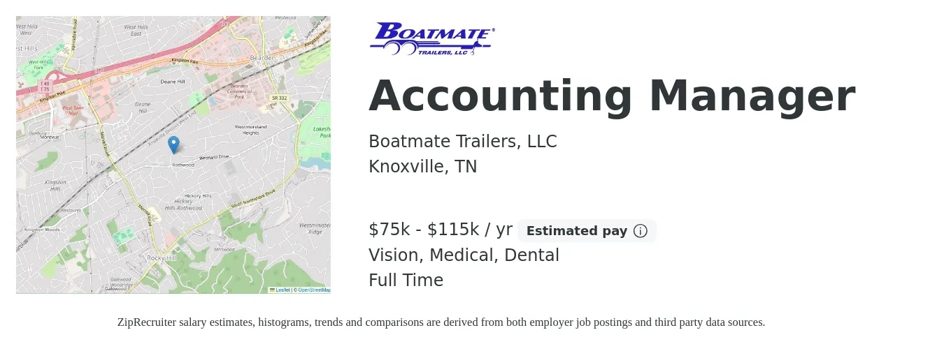 Boatmate Trailers, LLC job posting for a Accounting Manager in Knoxville, TN with a salary of $75,000 to $115,000 Yearly and benefits including retirement, vision, dental, life_insurance, and medical with a map of Knoxville location.
