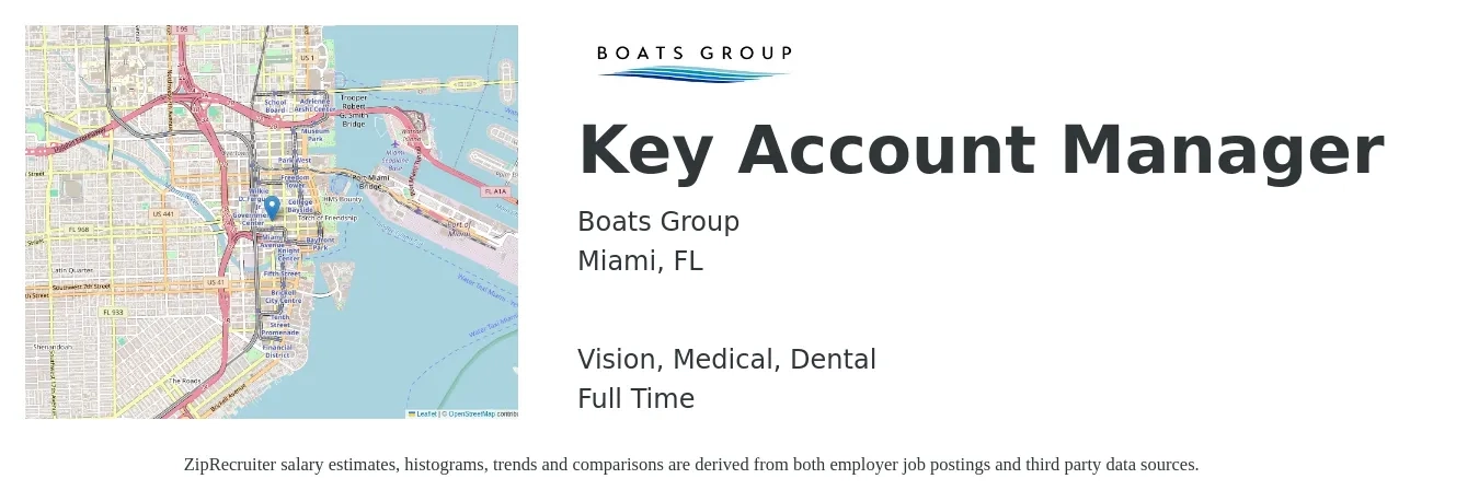 Boats Group job posting for a Key Account Manager in Miami, FL with a salary of $69,800 to $106,200 Yearly and benefits including dental, life_insurance, medical, pto, retirement, and vision with a map of Miami location.