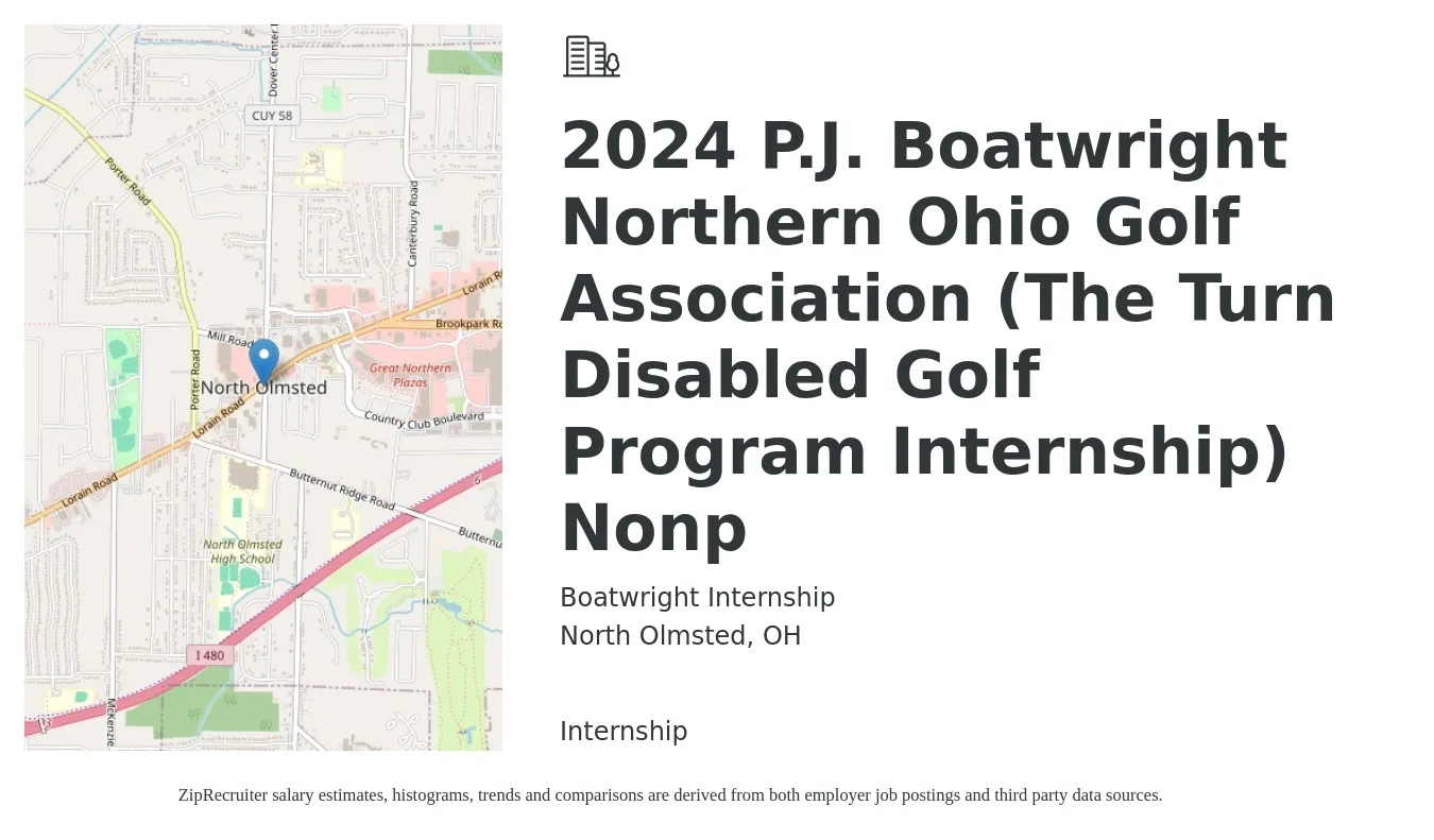 Boatwright Internship job posting for a 2024 P.J. Boatwright Northern Ohio Golf Association (The Turn Disabled Golf Program Internship) Nonp in North Olmsted, OH with a salary of $2,000 Monthly with a map of North Olmsted location.