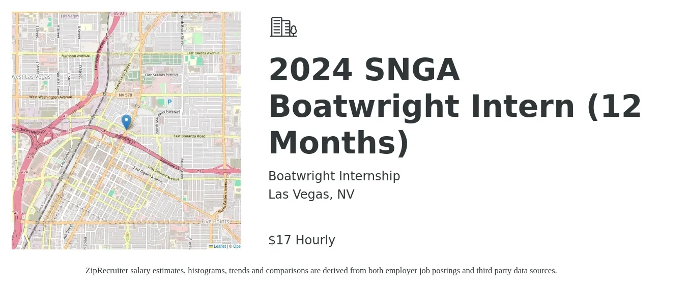 Boatwright Internship job posting for a 2024 SNGA Boatwright Intern (12 Months) in Las Vegas, NV with a salary of $18 Hourly with a map of Las Vegas location.