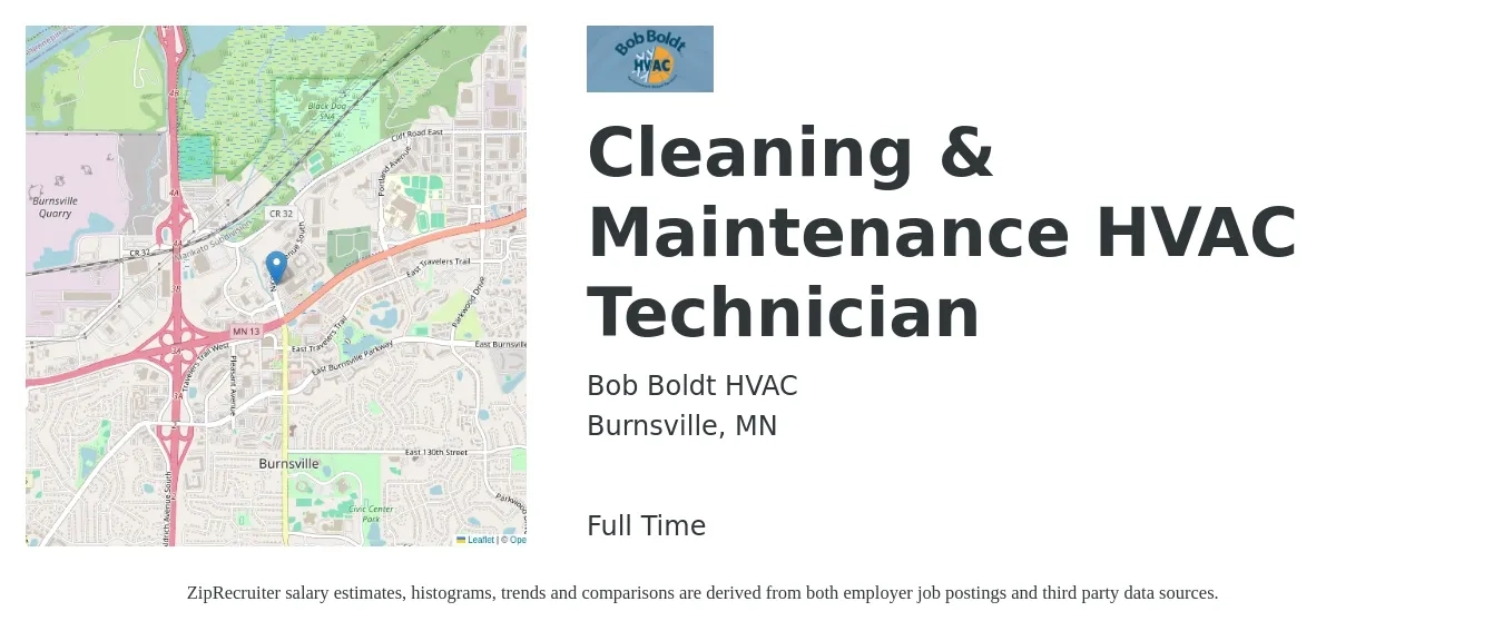 Bob Boldt HVAC job posting for a Cleaning & Maintenance HVAC Technician in Burnsville, MN with a salary of $21 to $27 Hourly with a map of Burnsville location.